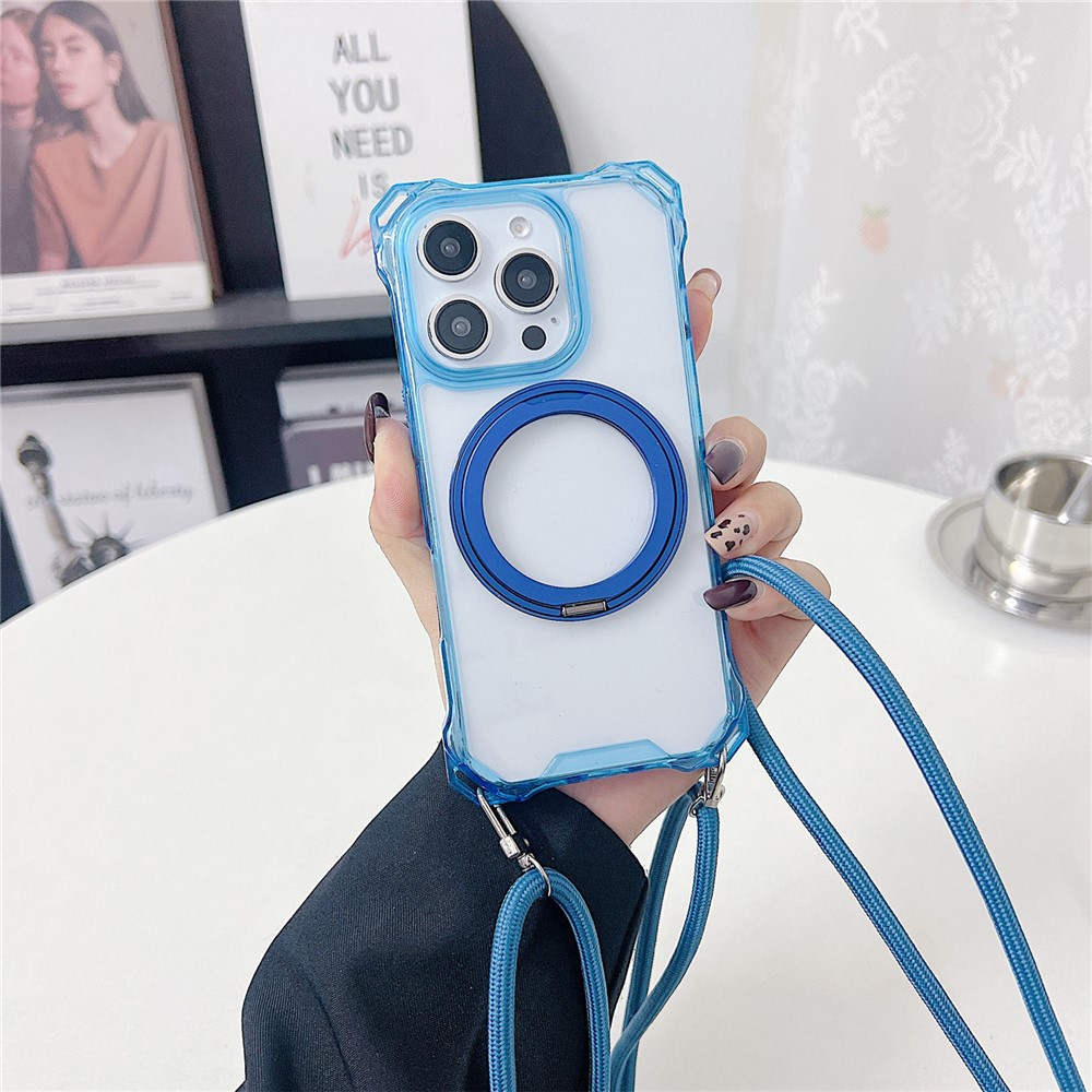 For iPhone 16 Pro Max Magnetic Case Ring Kickstand TPU + PC Phone Cover with Lanyard - Blue