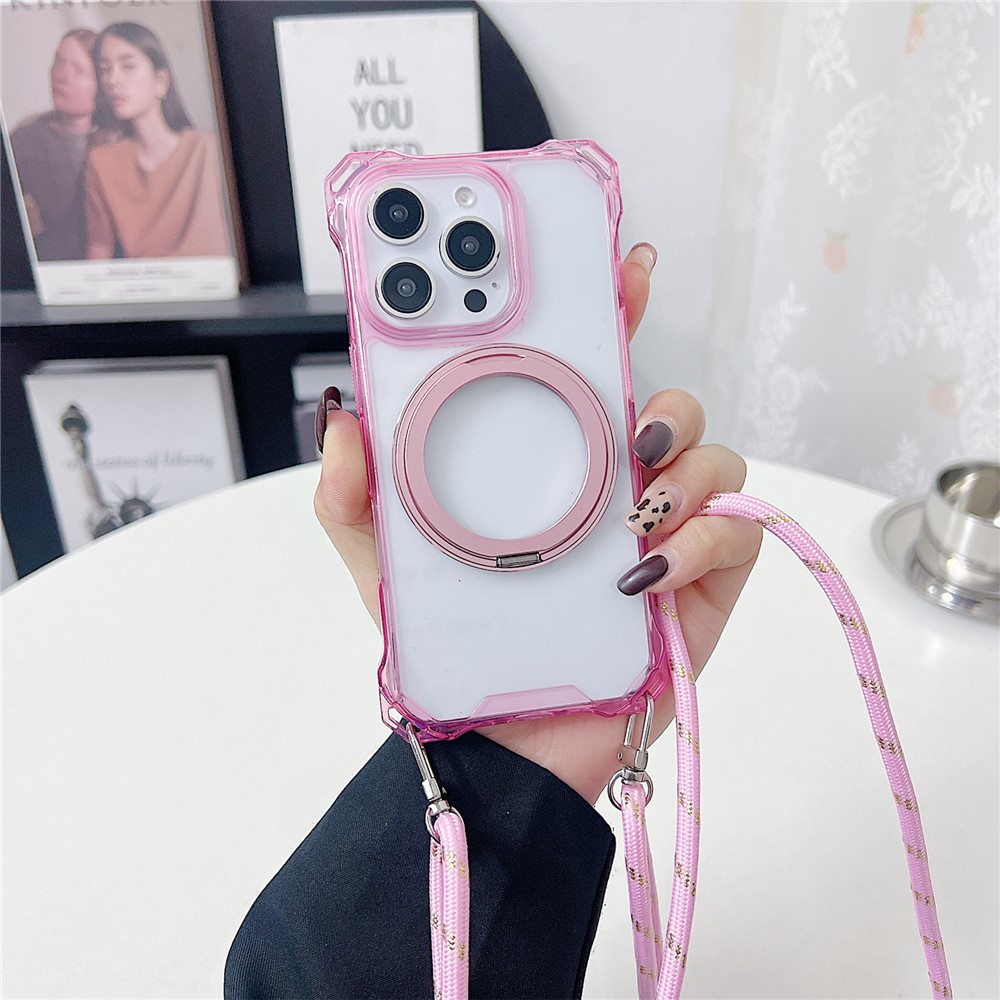 For iPhone 16 Pro Max Magnetic Case Ring Kickstand TPU + PC Phone Cover with Lanyard - Pink