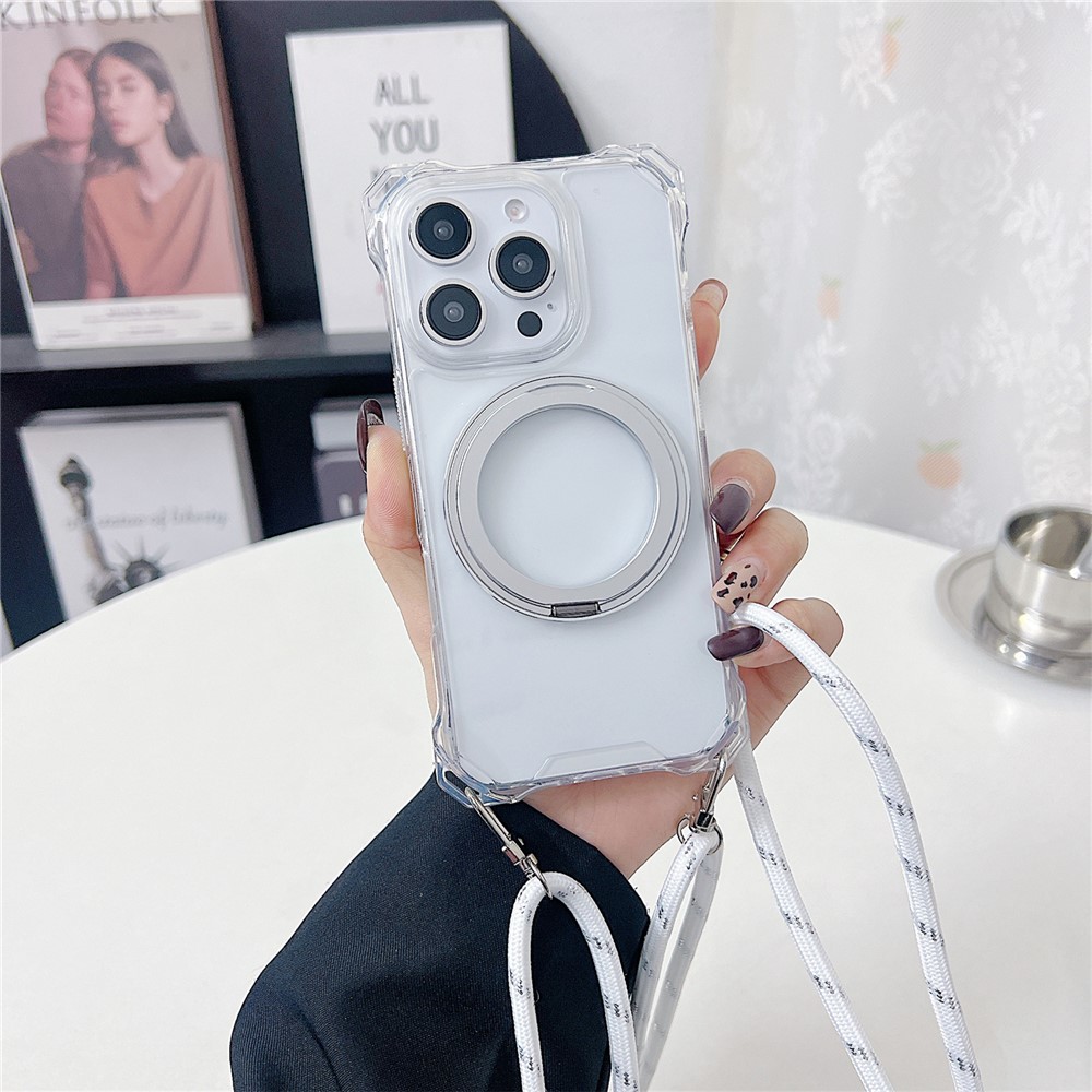 For iPhone 15 Pro Magnetic Case Ring Kickstand TPU + PC Phone Cover with Lanyard - Transparent