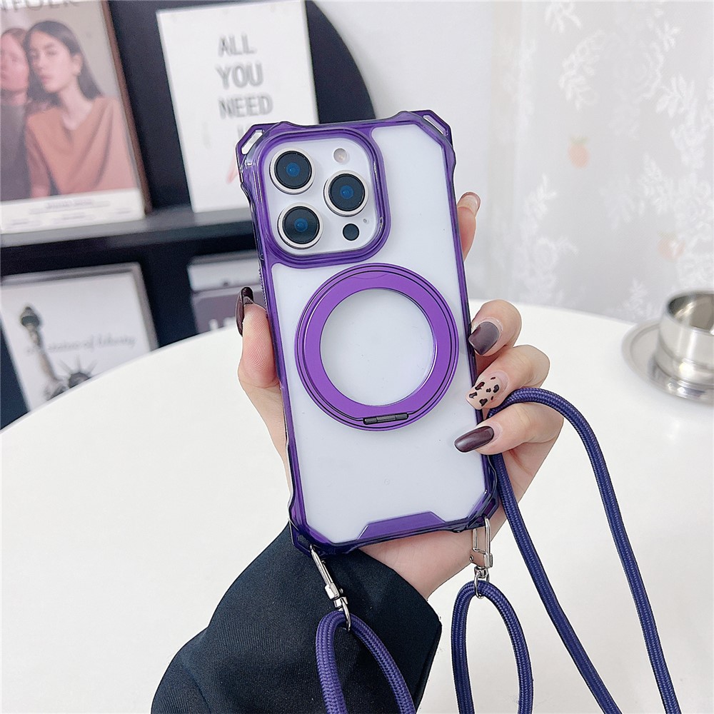 For iPhone 15 Pro Max Magnetic Case Ring Kickstand TPU + PC Phone Cover with Lanyard - Purple