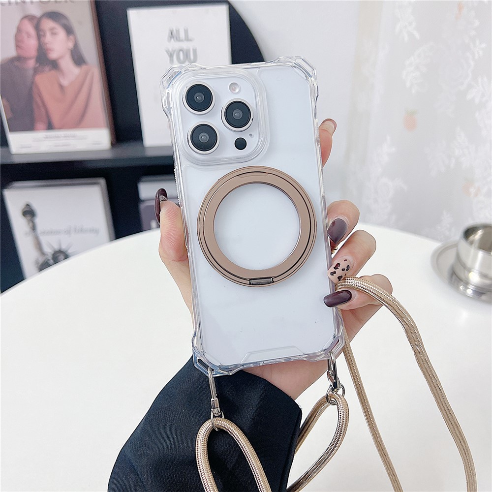 For iPhone 15 Pro Max Magnetic Case Ring Kickstand TPU + PC Phone Cover with Lanyard - Brown