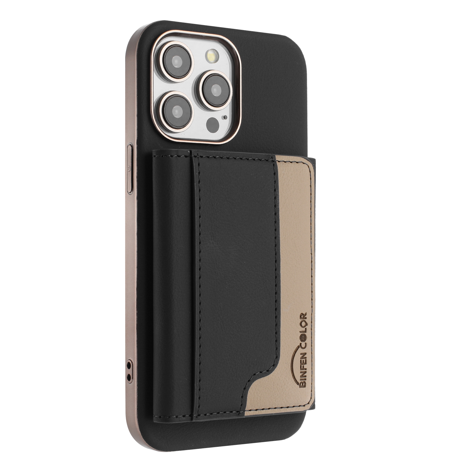 For iPhone 16 Pro Case BINFEN COLOR BF37 Color Splicing Magnetic Card Holder Leather Back Cover - Black