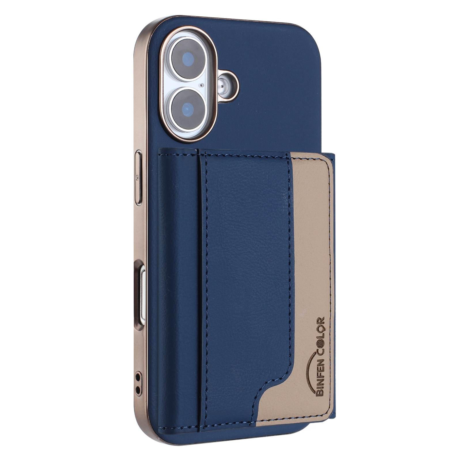For iPhone 16 Plus Case BINFEN COLOR BF37 Color Splicing Magnetic Card Holder Leather Back Cover - Dark Blue