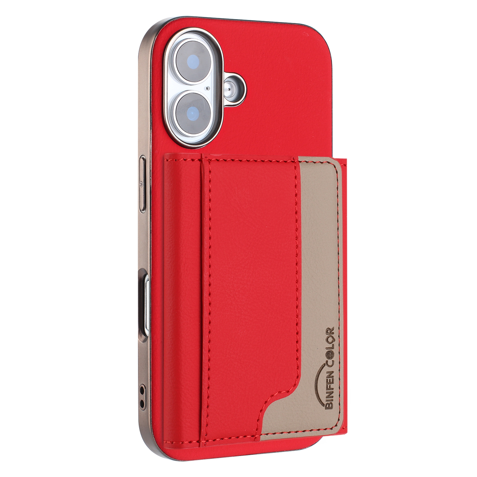 For iPhone 16 Plus Case BINFEN COLOR BF37 Color Splicing Magnetic Card Holder Leather Back Cover - Red
