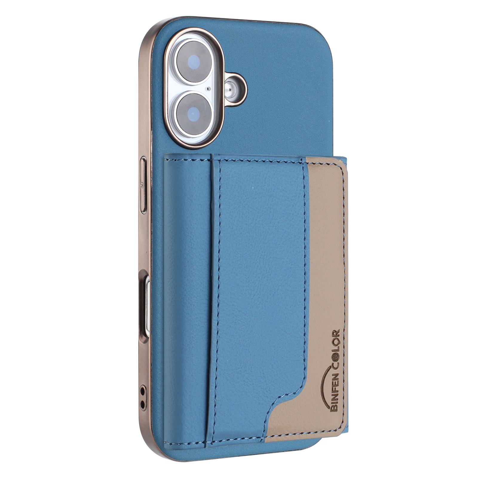 For iPhone 16 Plus Case BINFEN COLOR BF37 Color Splicing Magnetic Card Holder Leather Back Cover - Baby Blue