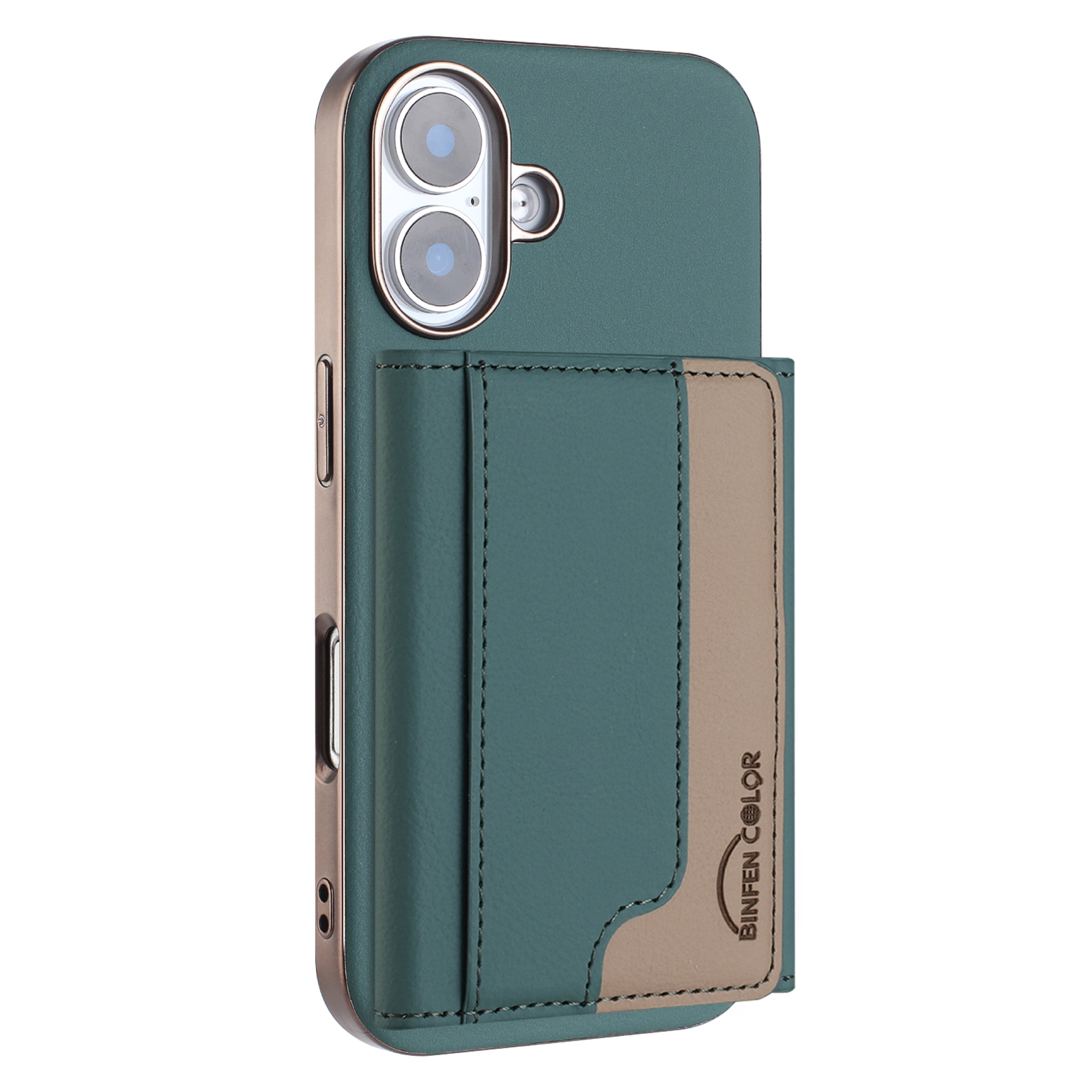 For iPhone 16 Case BINFEN COLOR BF37 Color Splicing Magnetic Card Holder Leather Back Cover - Green