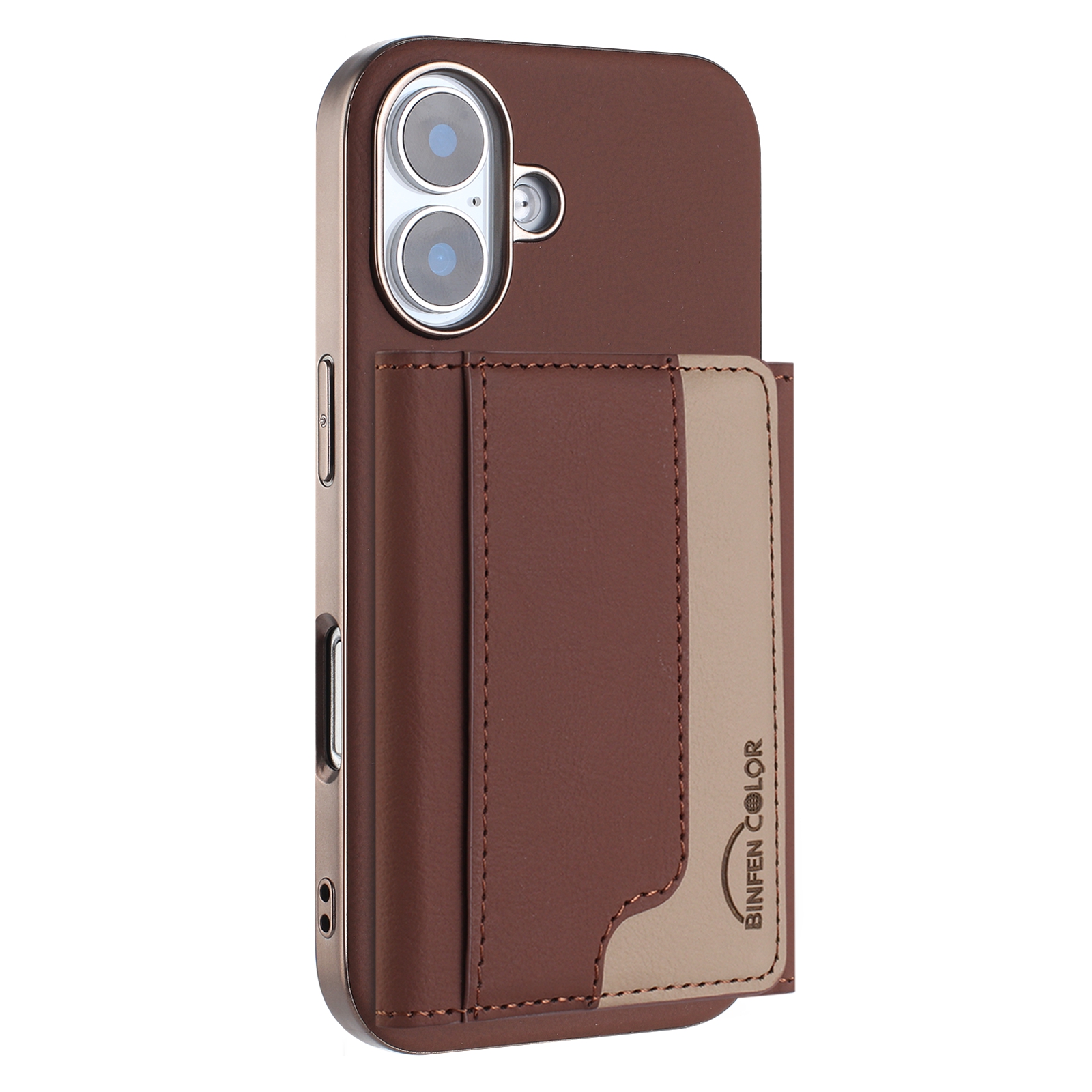 For iPhone 16 Case BINFEN COLOR BF37 Color Splicing Magnetic Card Holder Leather Back Cover - Brown