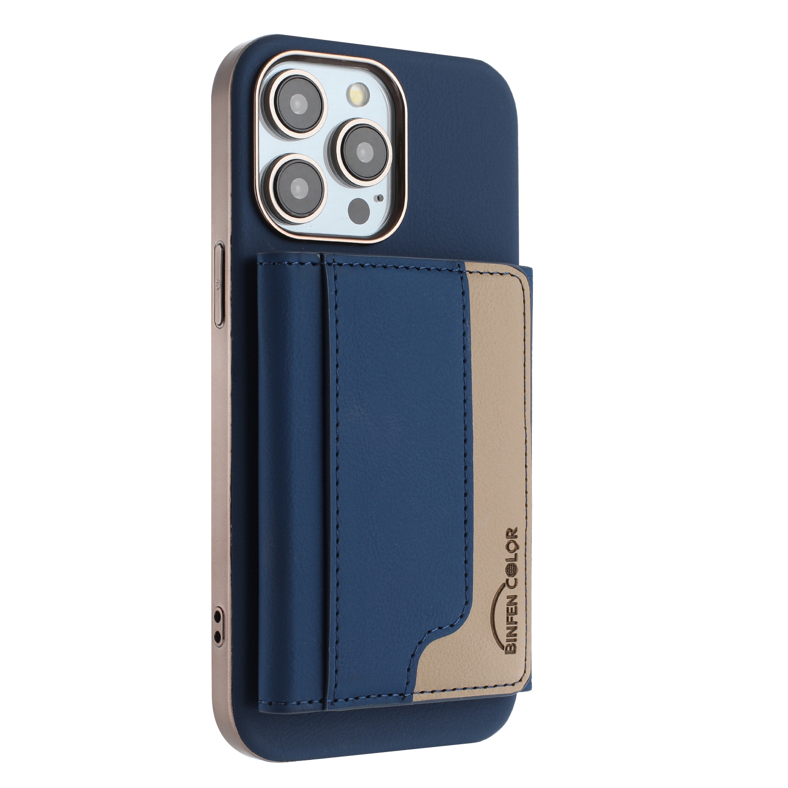 For iPhone 15 Pro Max Case BINFEN COLOR BF37 Color Splicing Magnetic Card Holder Leather Back Cover - Dark Blue