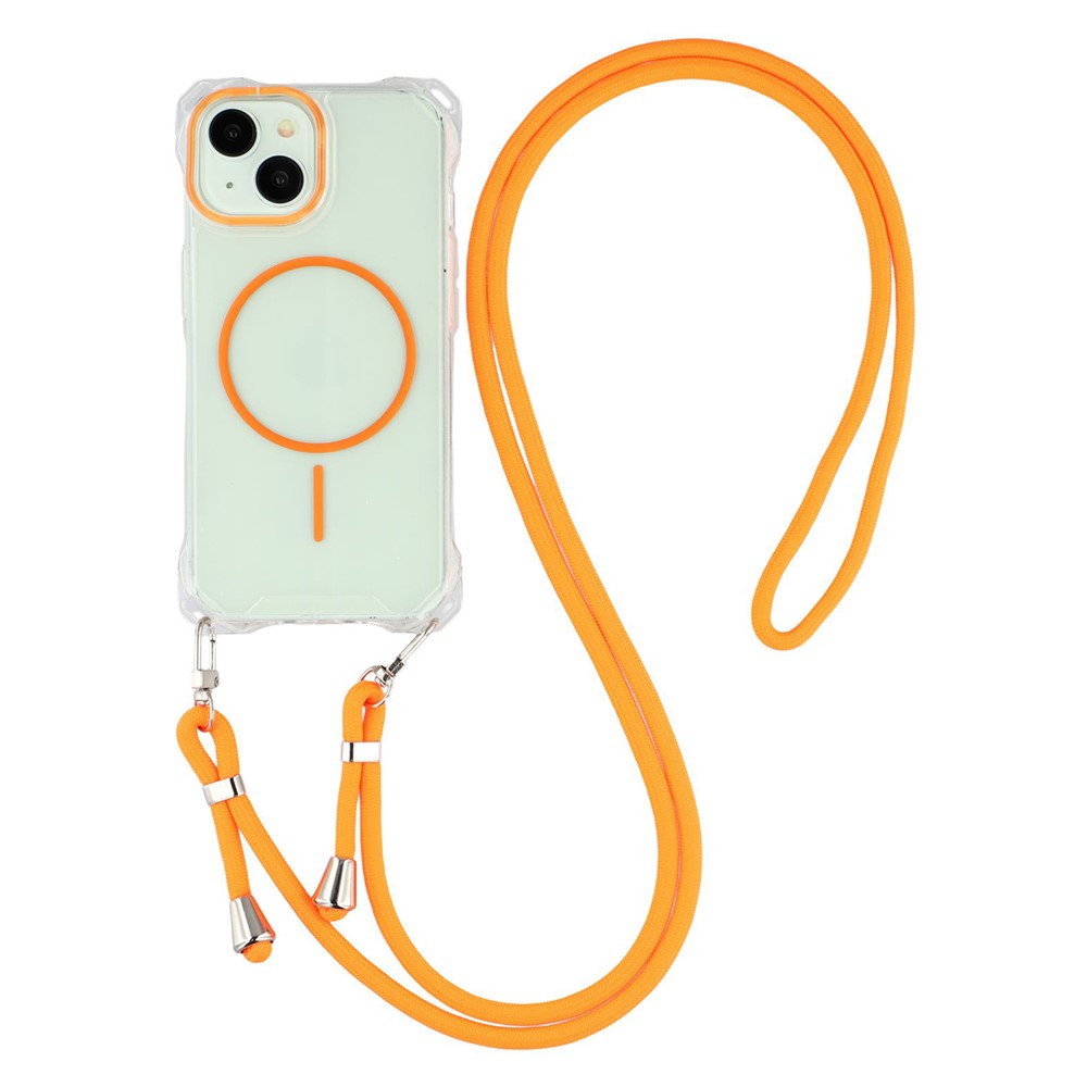 For iPhone 14 Magnetic Case with Lanyard Drop-Proof TPU + PC Phone Back Cover - Orange
