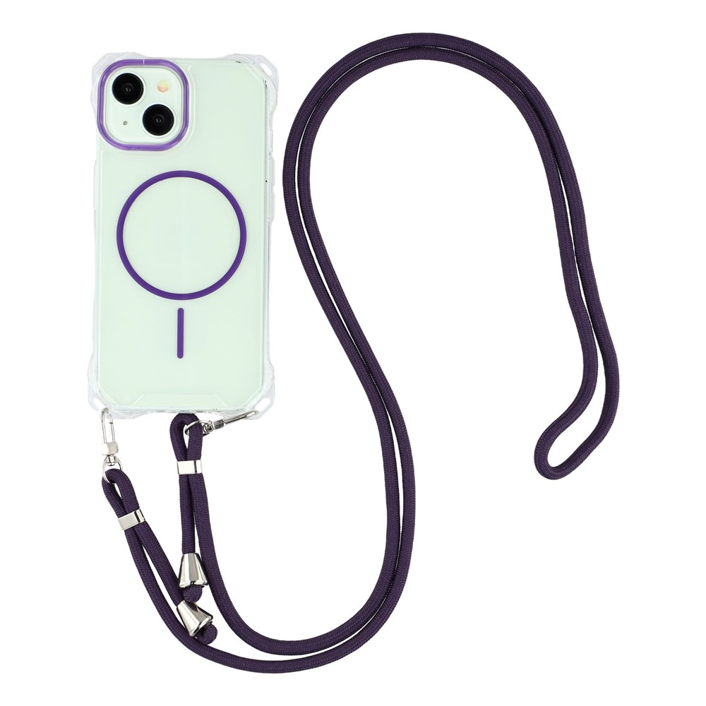 For iPhone 14 Magnetic Case with Lanyard Drop-Proof TPU + PC Phone Back Cover - Purple