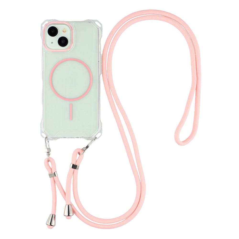 For iPhone 15 Magnetic Case with Lanyard Drop-Proof TPU + PC Phone Back Cover - Pink