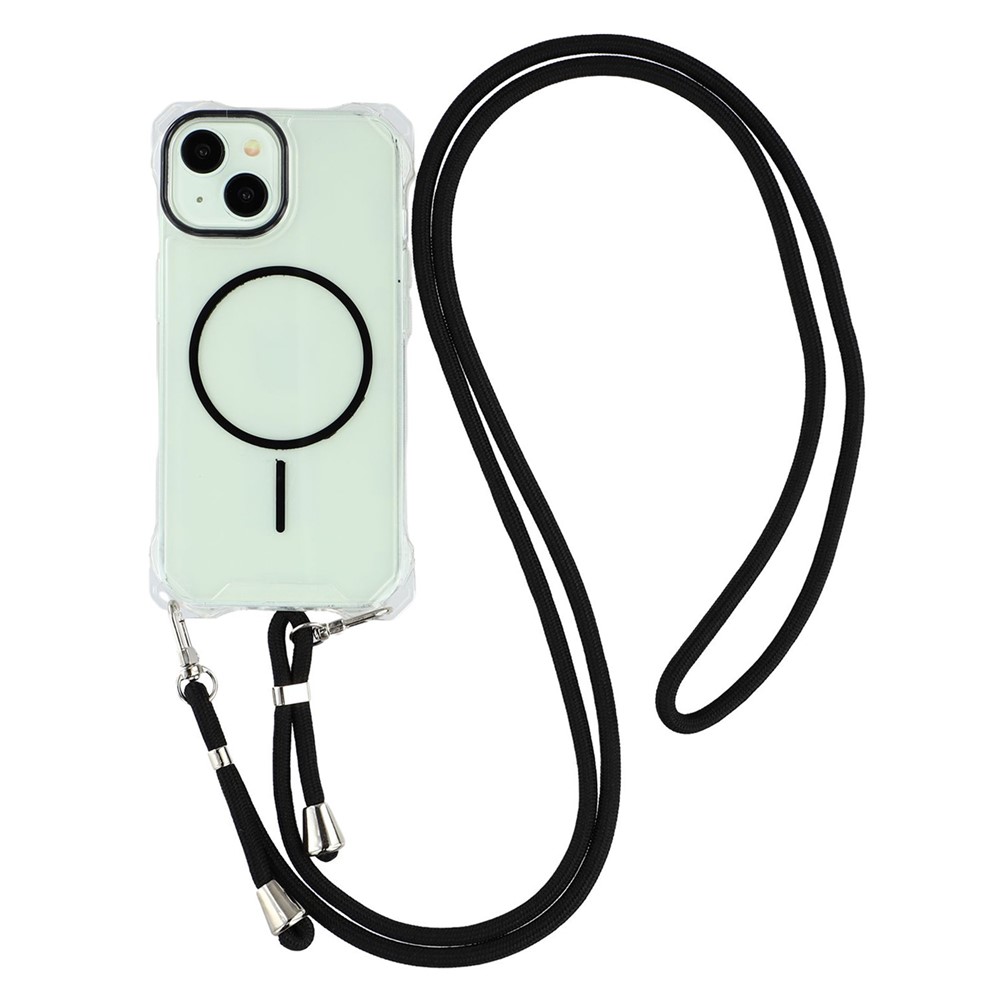 For iPhone 15 Magnetic Case with Lanyard Drop-Proof TPU + PC Phone Back Cover - Black