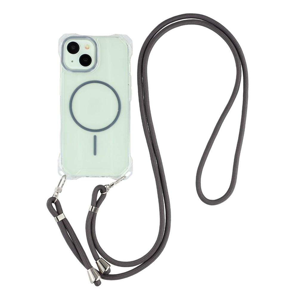 For iPhone 15 Magnetic Case with Lanyard Drop-Proof TPU + PC Phone Back Cover - Grey