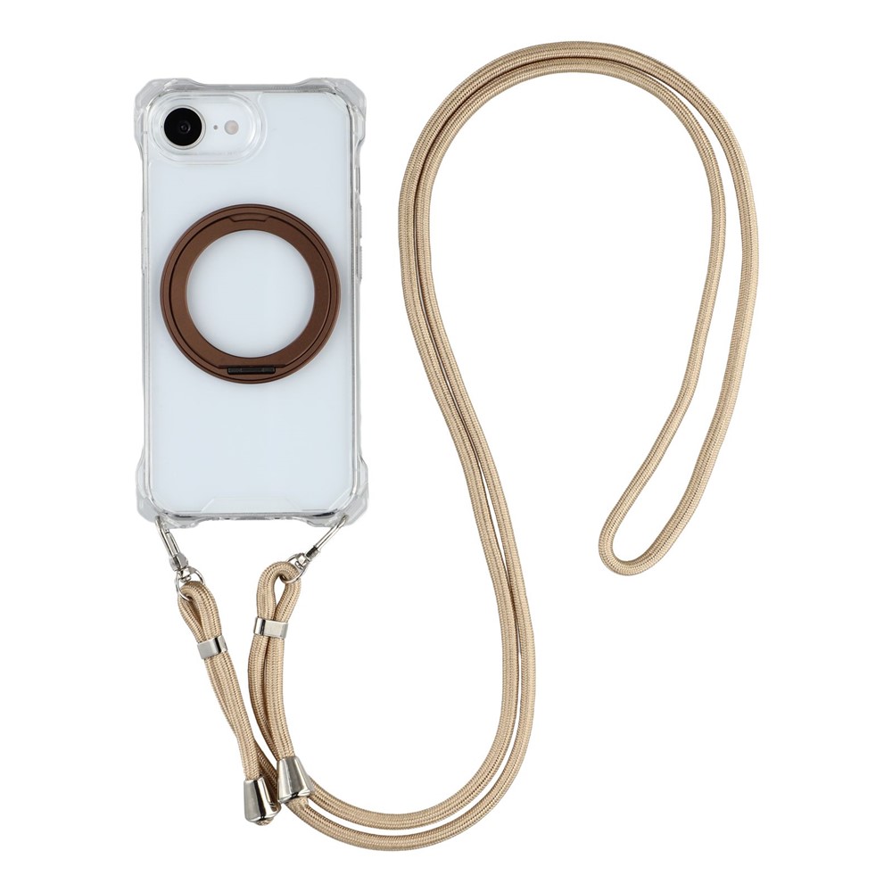 For iPhone 16e Magnetic Case Ring Kickstand TPU + PC Phone Cover with Lanyard - Brown