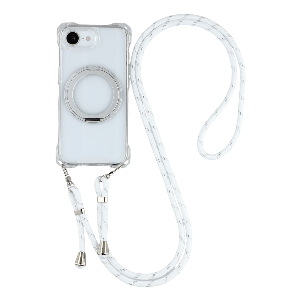 For iPhone 16e Magnetic Case Ring Kickstand TPU + PC Phone Cover with Lanyard - Transparent