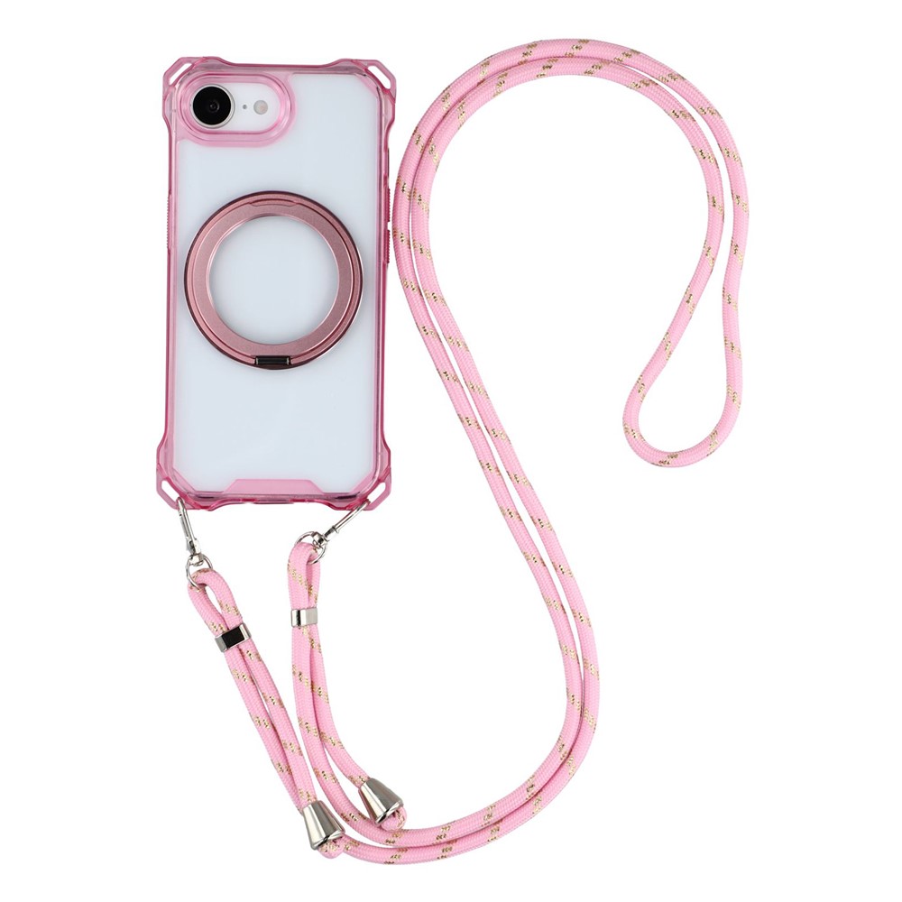 For iPhone 16e Magnetic Case Ring Kickstand TPU + PC Phone Cover with Lanyard - Pink