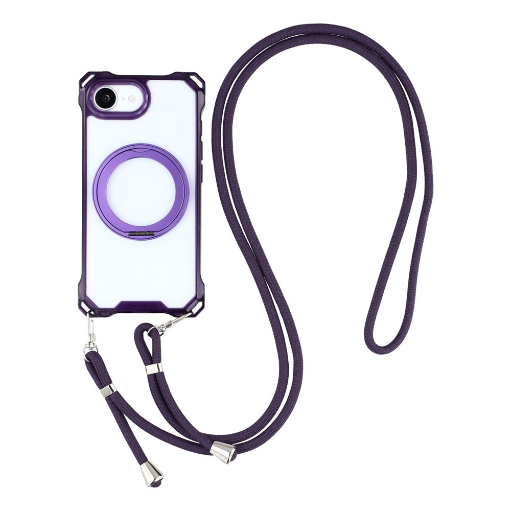 For iPhone 16e Magnetic Case Ring Kickstand TPU + PC Phone Cover with Lanyard - Purple
