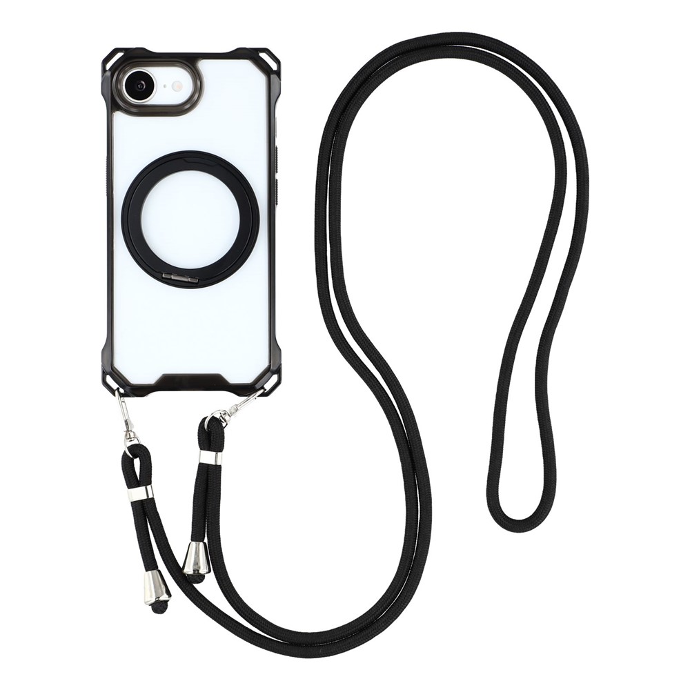 For iPhone 16e Magnetic Case Ring Kickstand TPU + PC Phone Cover with Lanyard - Black