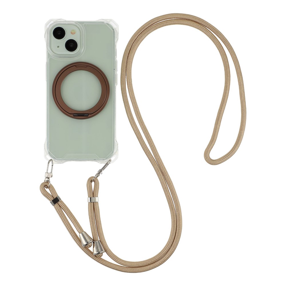For iPhone 15 Magnetic Case Ring Kickstand TPU + PC Phone Cover with Lanyard - Brown