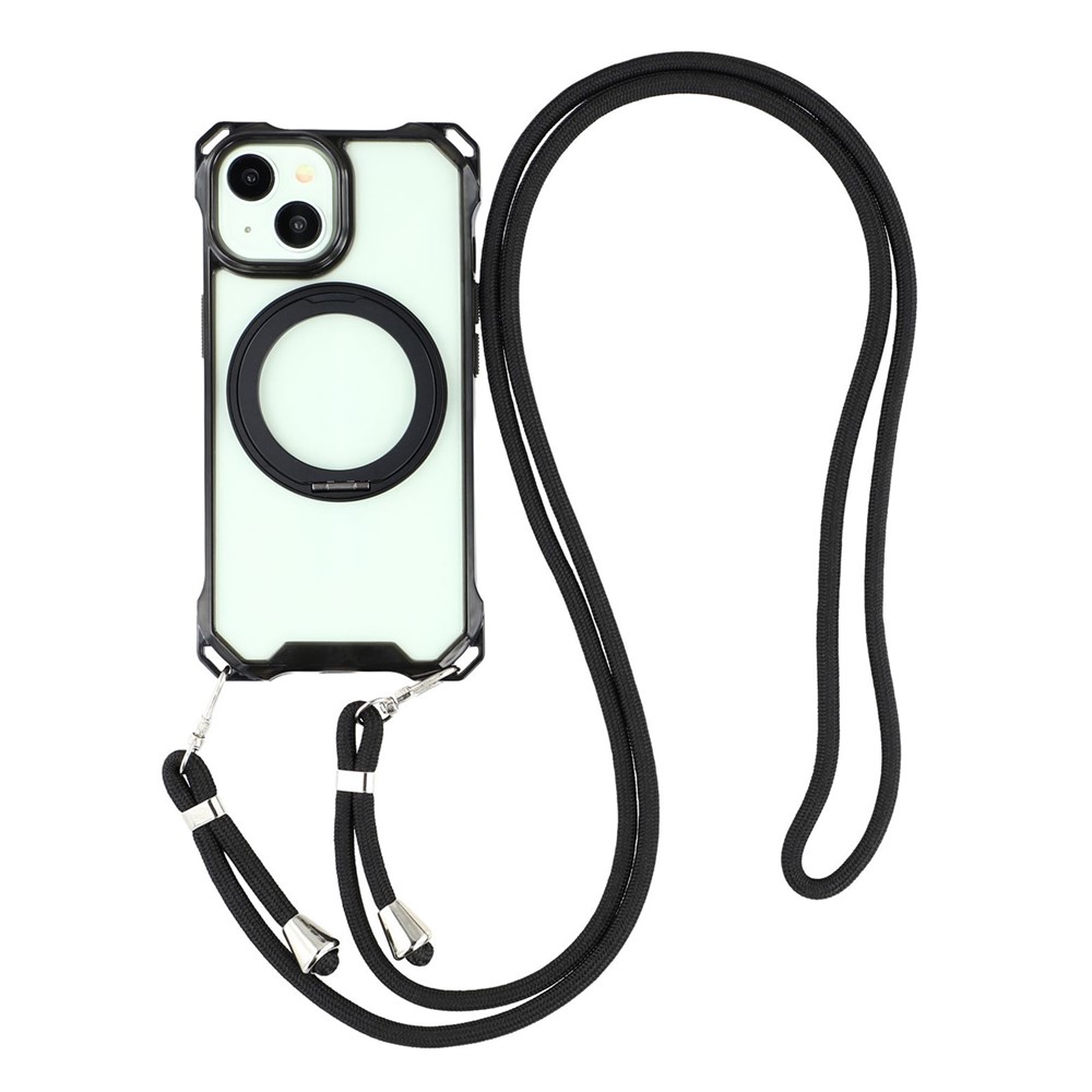 For iPhone 15 Magnetic Case Ring Kickstand TPU + PC Phone Cover with Lanyard - Black