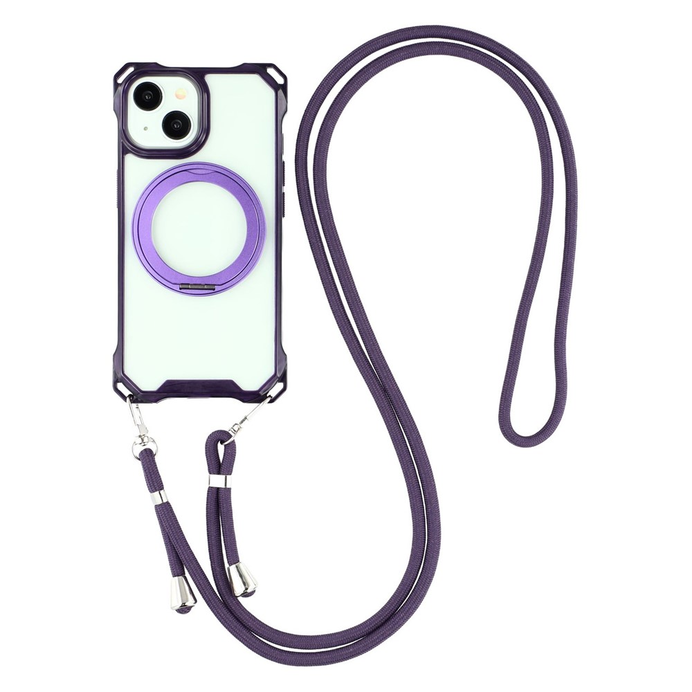 For iPhone 15 Magnetic Case Ring Kickstand TPU + PC Phone Cover with Lanyard - Purple