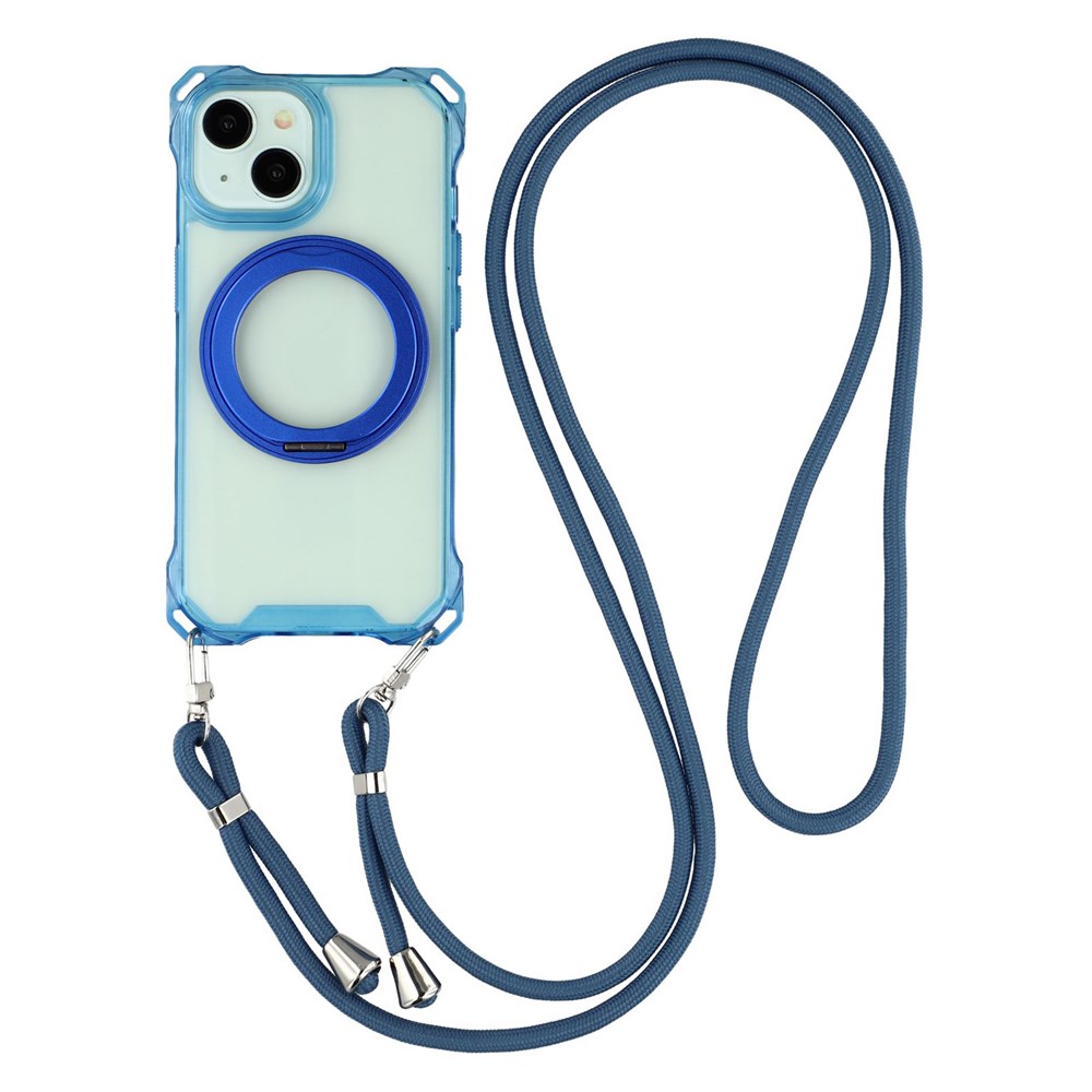 For iPhone 15 Magnetic Case Ring Kickstand TPU + PC Phone Cover with Lanyard - Blue