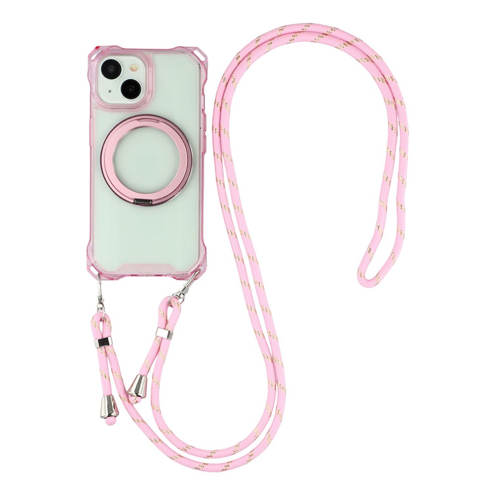For iPhone 15 Magnetic Case Ring Kickstand TPU + PC Phone Cover with Lanyard - Pink