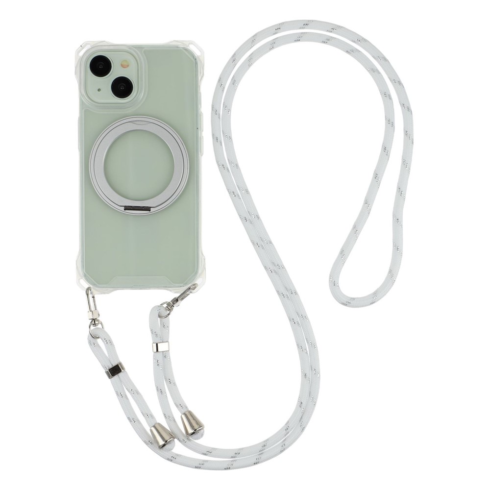 For iPhone 15 Magnetic Case Ring Kickstand TPU + PC Phone Cover with Lanyard - Transparent