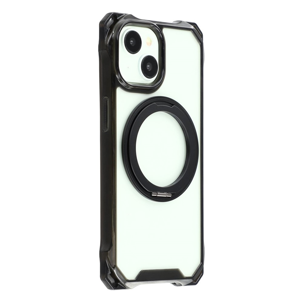 For iPhone 15 Magnetic Case Ring Kickstand TPU + PC Phone Cover - Black