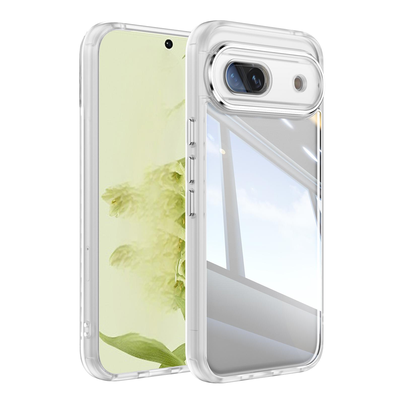 For Google Pixel 8a Clear Phone Case WANLONFENG Shockproof TPU + PC Cover with Metal Buttons - Transparent