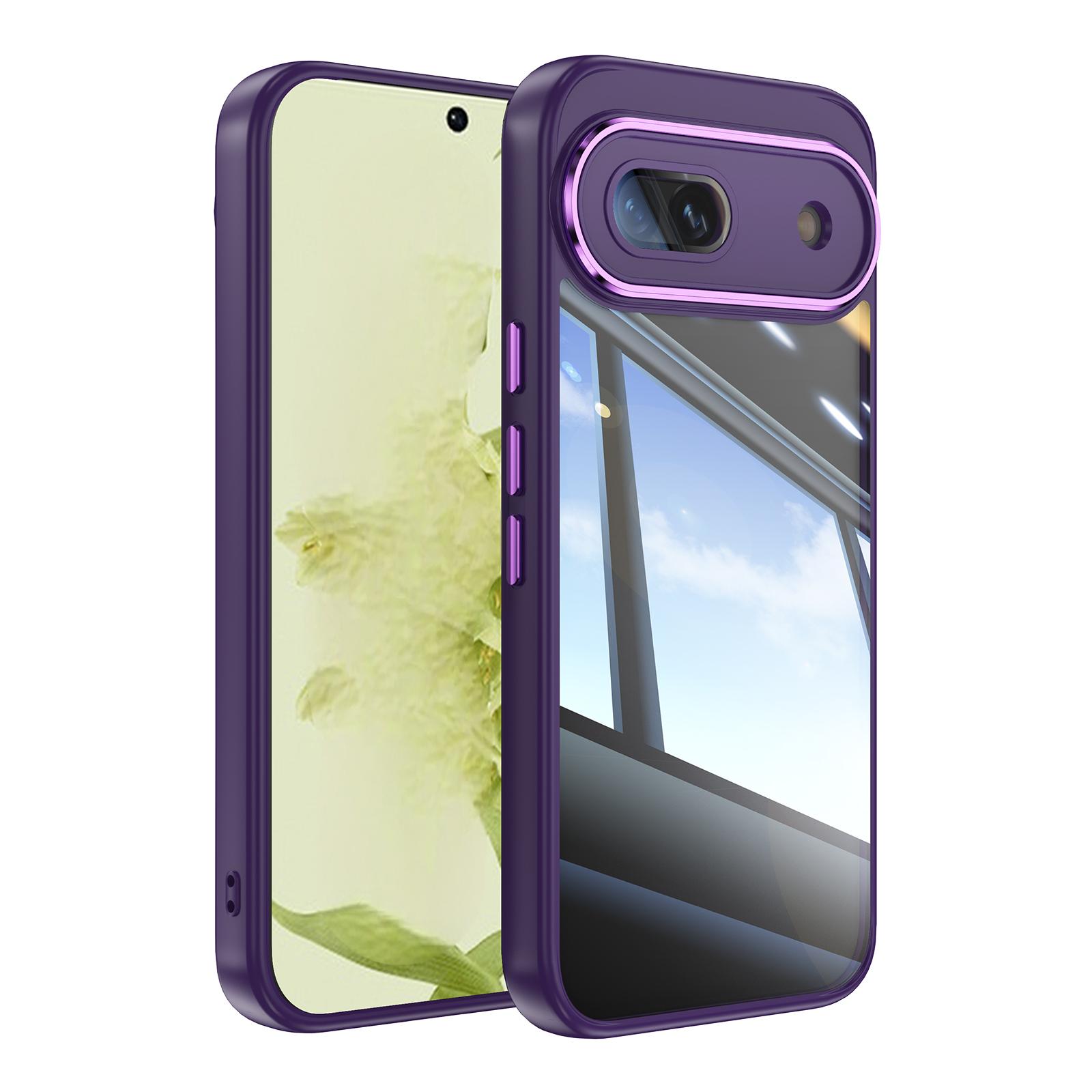 For Google Pixel 8a Clear Phone Case WANLONFENG Shockproof TPU + PC Cover with Metal Buttons - Purple