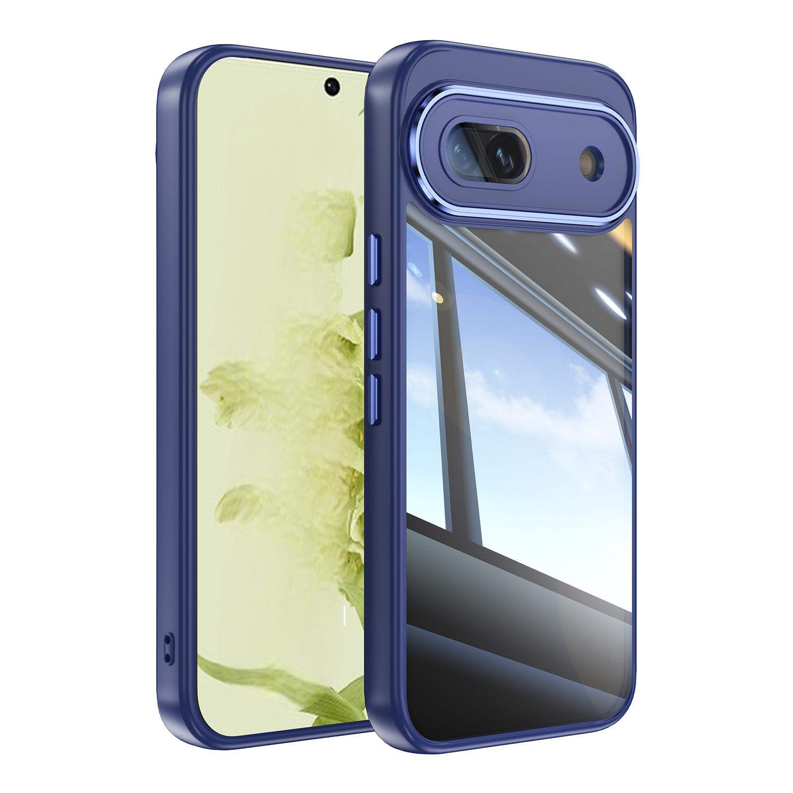 For Google Pixel 8a Clear Phone Case WANLONFENG Shockproof TPU + PC Cover with Metal Buttons - Blue