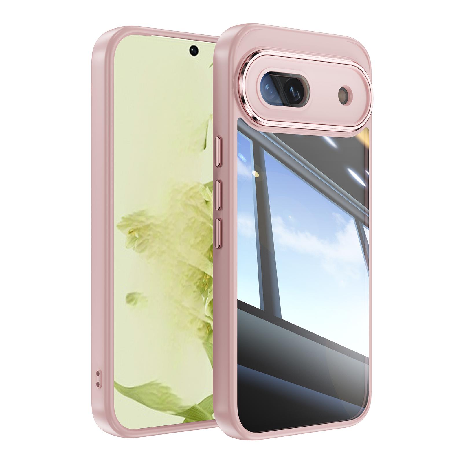 For Google Pixel 8a Clear Phone Case WANLONFENG Shockproof TPU + PC Cover with Metal Buttons - Pink