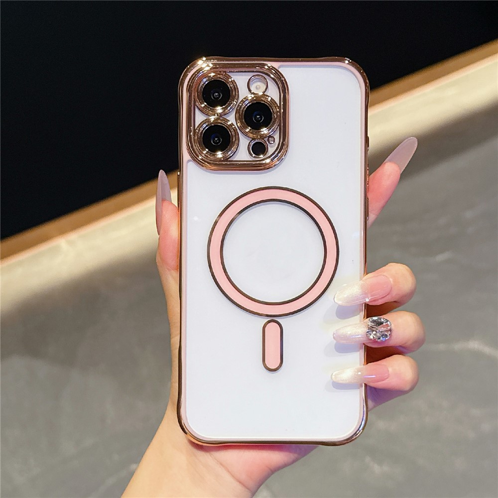 For iPhone 16 Pro Magnetic Case Electroplated 2.0mm Acrylic TPU Phone Back Cover - Pink