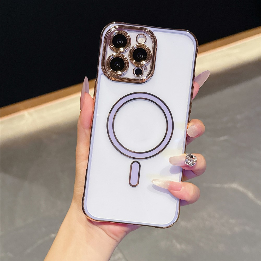 For iPhone 16 Pro Max Magnetic Case Electroplated 2.0mm Acrylic TPU Phone Back Cover - Purple