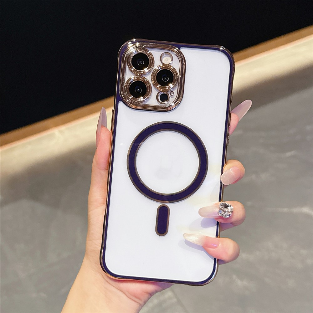 For iPhone 16 Pro Max Magnetic Case Electroplated 2.0mm Acrylic TPU Phone Back Cover - Dark Purple