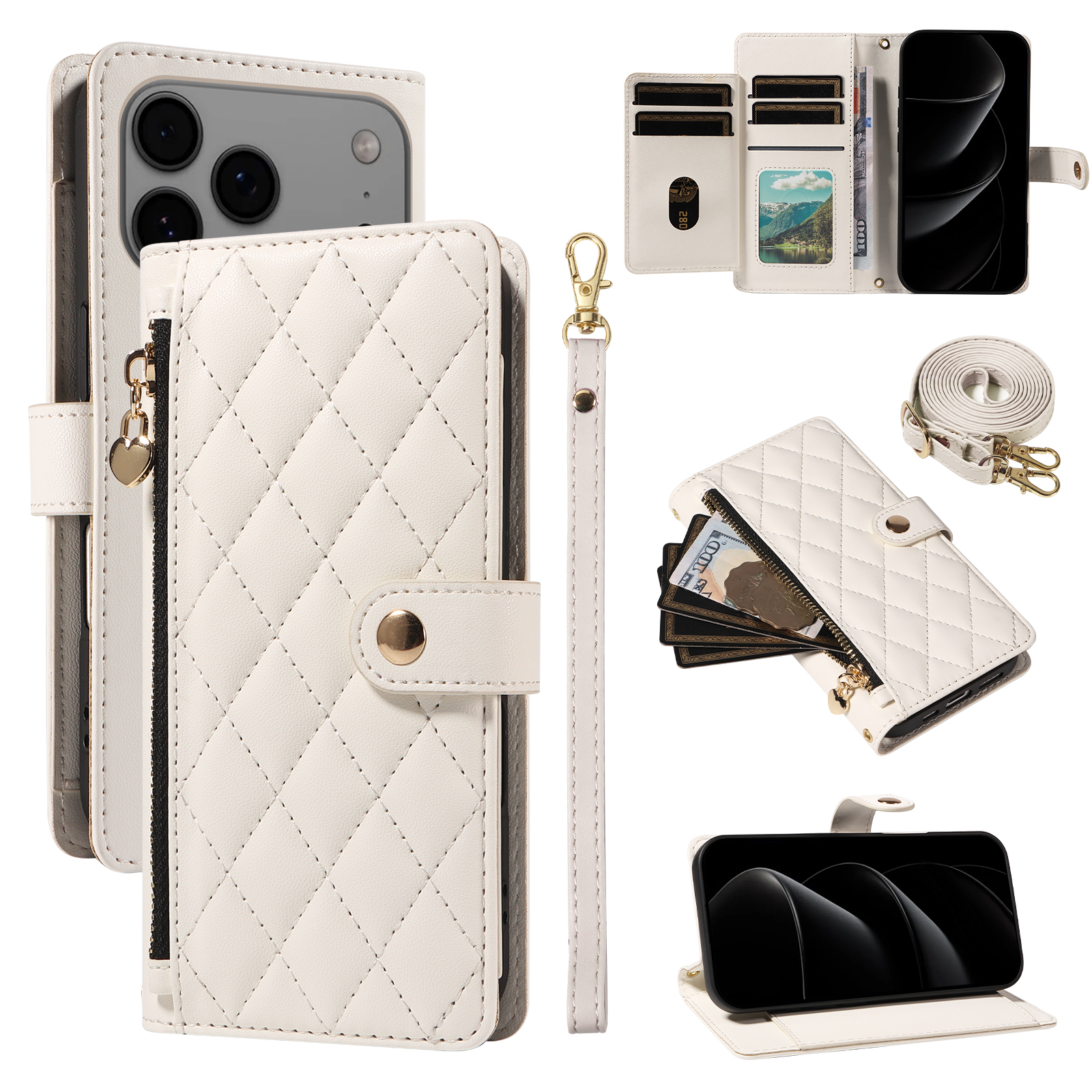 For iPhone 17 Pro Max Wallet Case with Straps, Rhombus Leather Stand Phone Cover - White