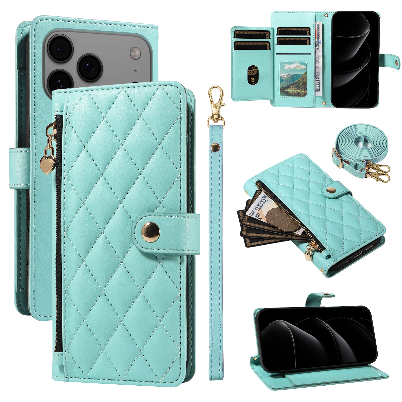 For iPhone 17 Pro Max Wallet Case with Straps, Rhombus Leather Stand Phone Cover - Light Green