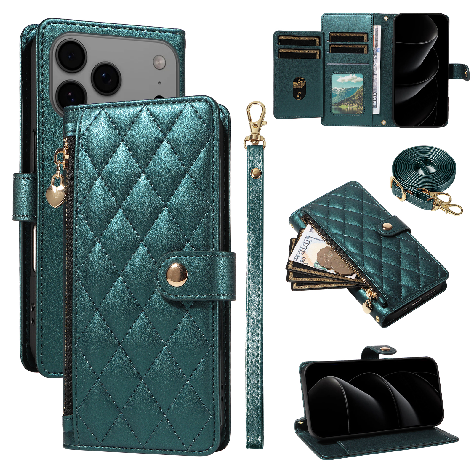 For iPhone 17 Pro Max Wallet Case with Straps, Rhombus Leather Stand Phone Cover - Blackish Green