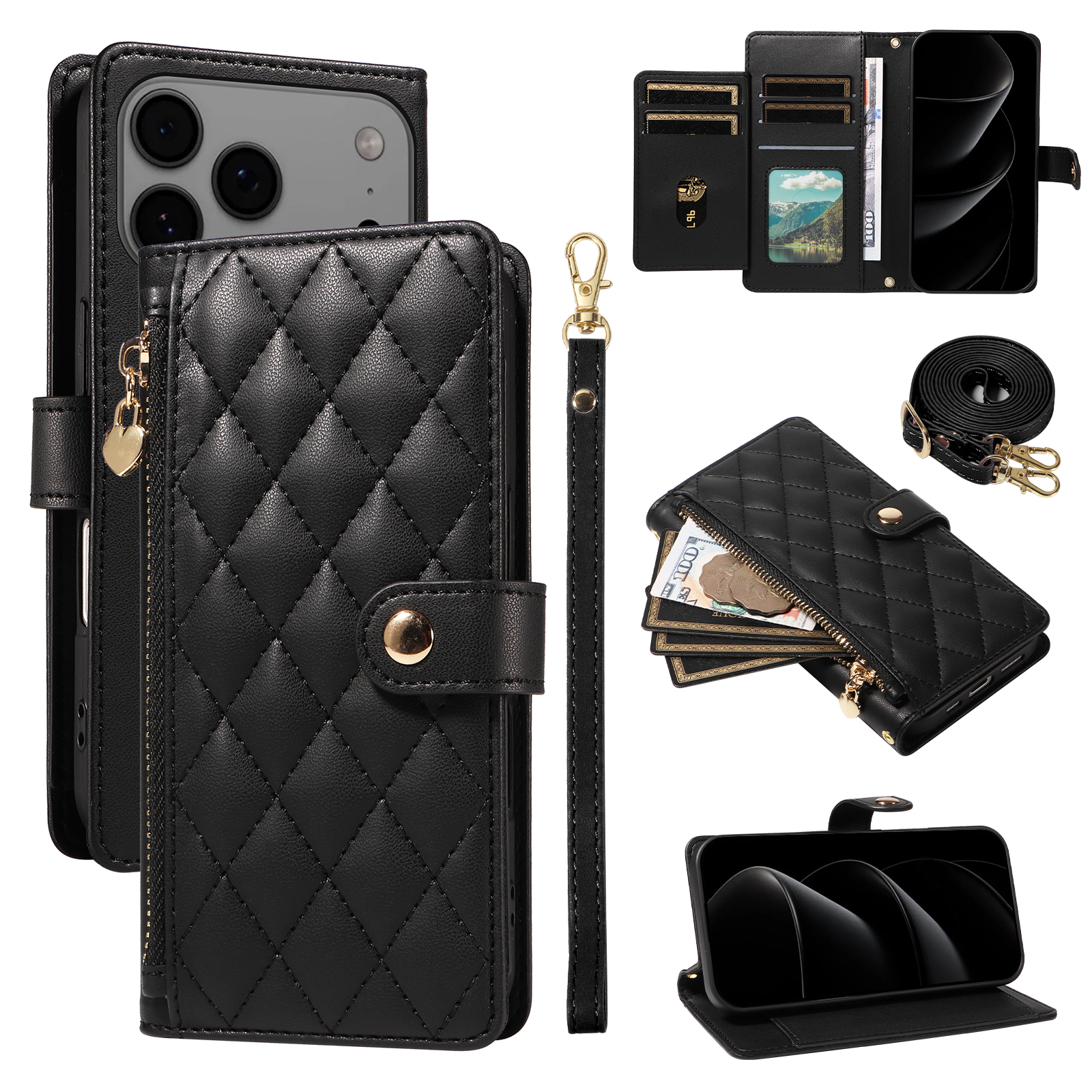 For iPhone 17 Pro Max Wallet Case with Straps, Rhombus Leather Stand Phone Cover -   Black