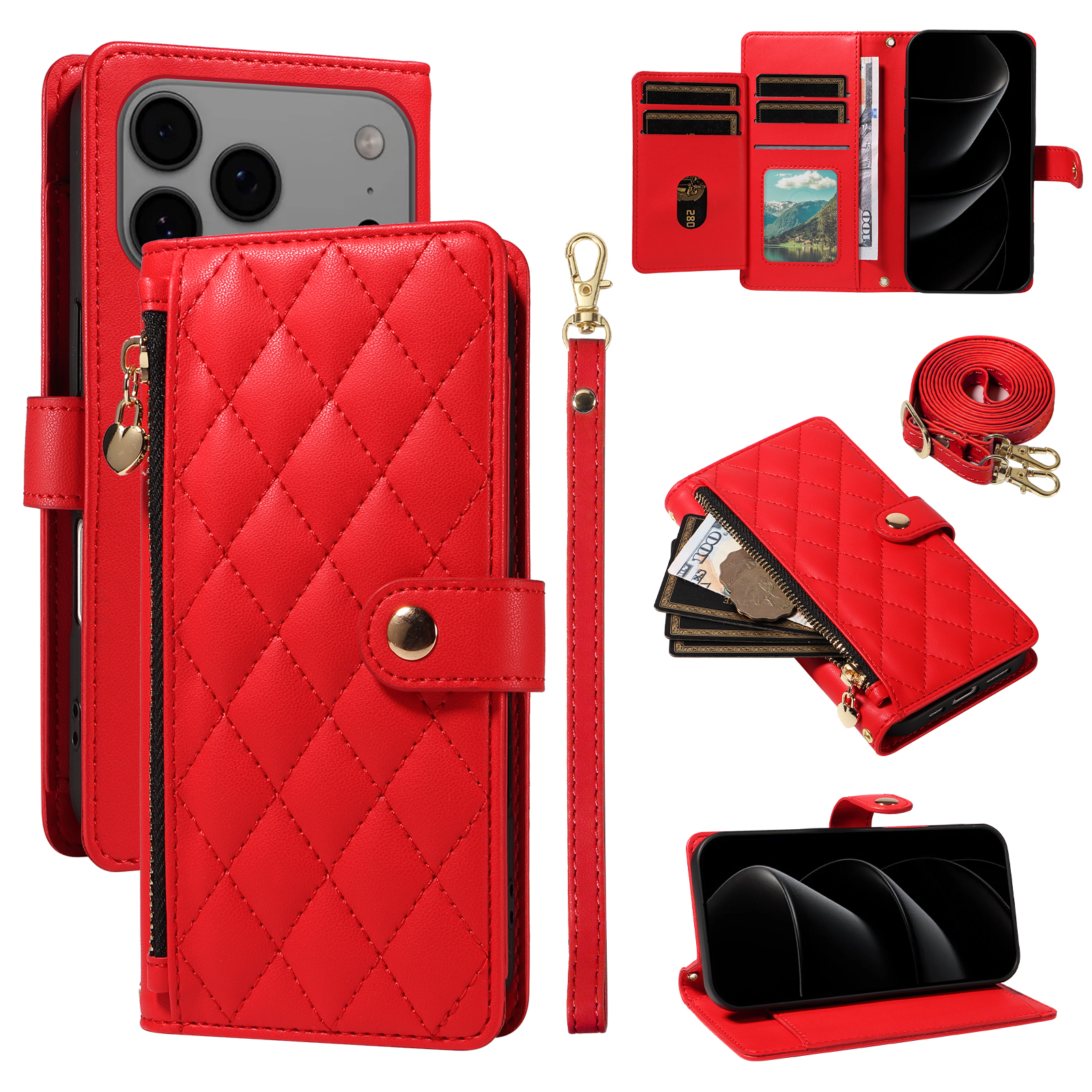 For iPhone 17 Pro Max Wallet Case with Straps, Rhombus Leather Stand Phone Cover - Red
