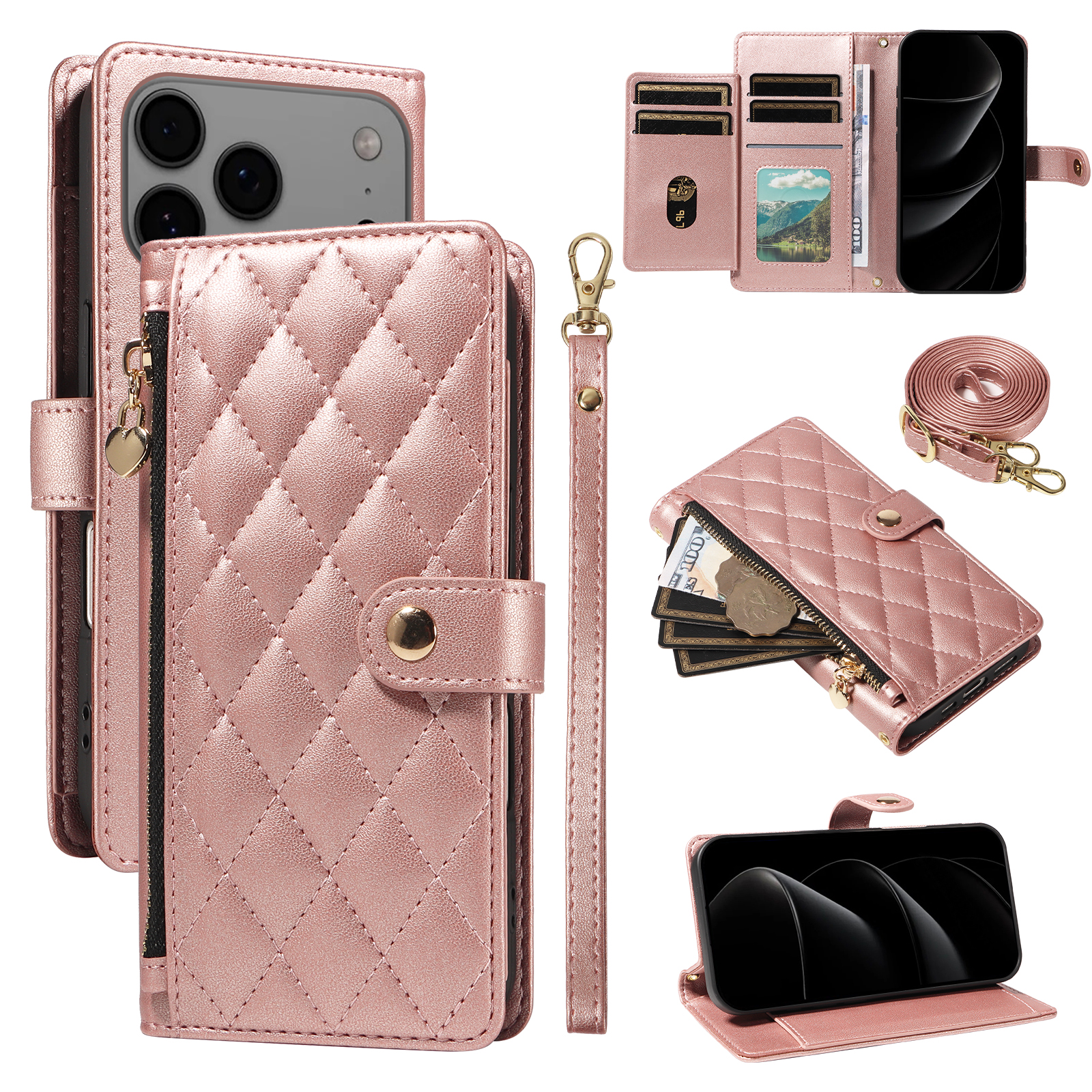 For iPhone 17 Pro Max Wallet Case with Straps, Rhombus Leather Stand Phone Cover -  Rose Gold