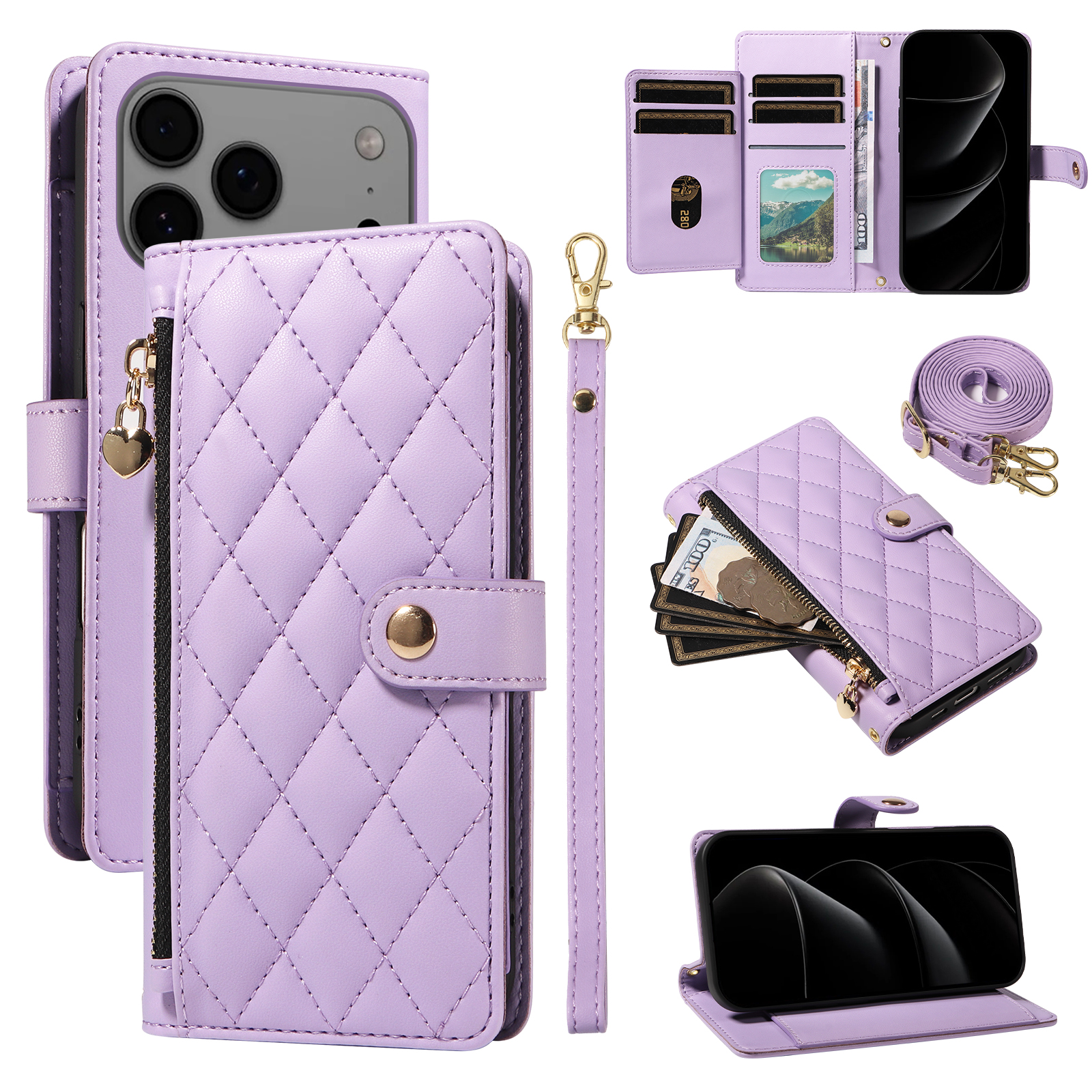 For iPhone 17 Pro Max Wallet Case with Straps, Rhombus Leather Stand Phone Cover - Purple