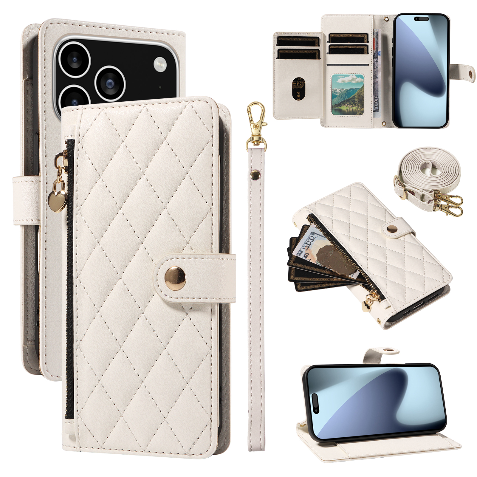 For iPhone 17 Pro Wallet Case with Straps, Rhombus Leather Stand Phone Cover - White