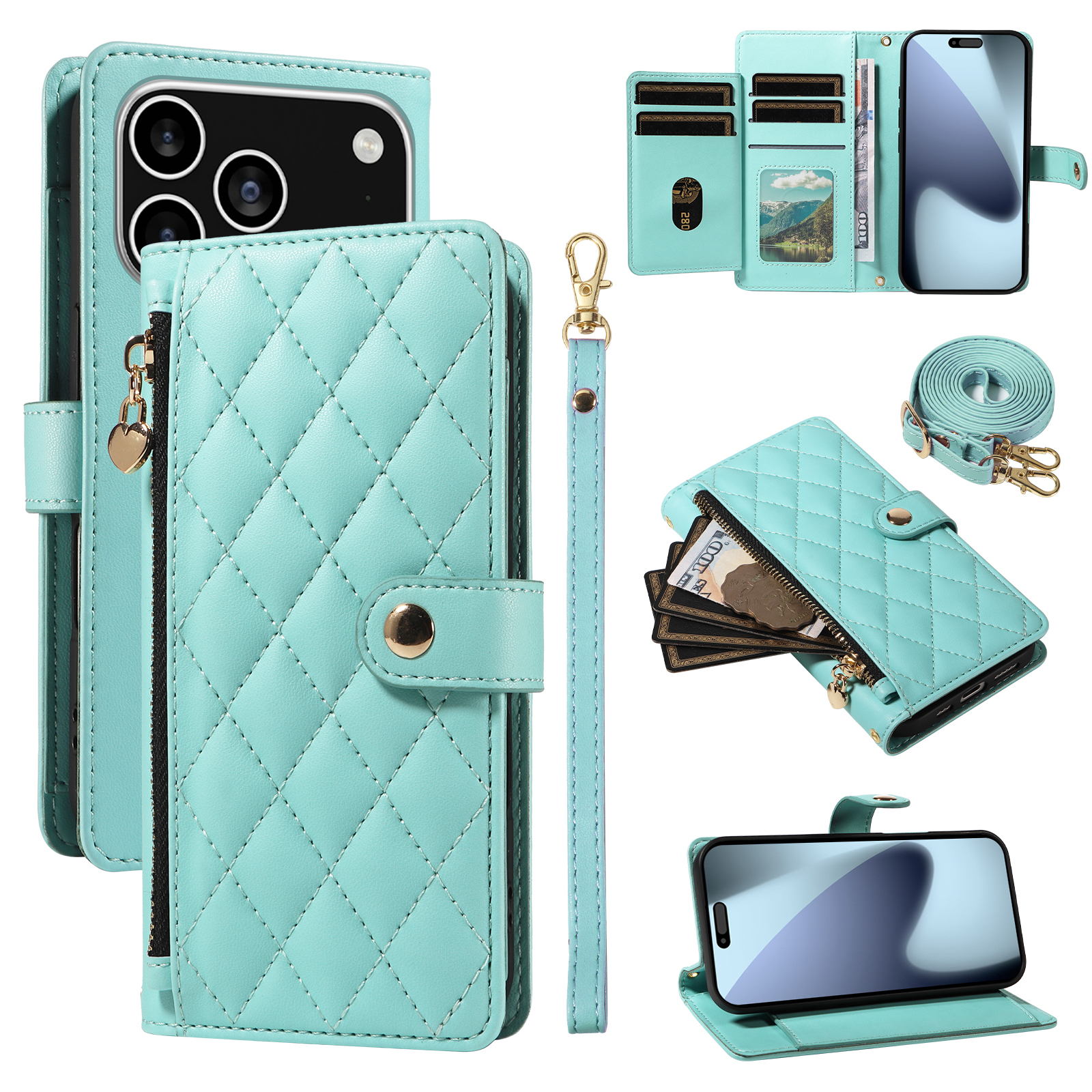 For iPhone 17 Pro Wallet Case with Straps, Rhombus Leather Stand Phone Cover - Light Green
