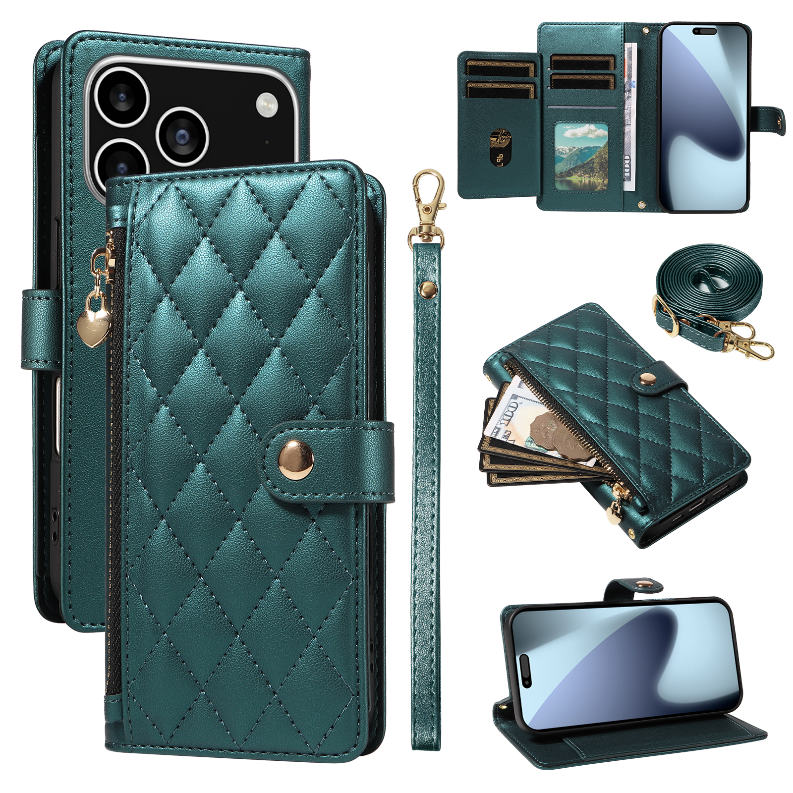 For iPhone 17 Pro Wallet Case with Straps, Rhombus Leather Stand Phone Cover - Blackish Green