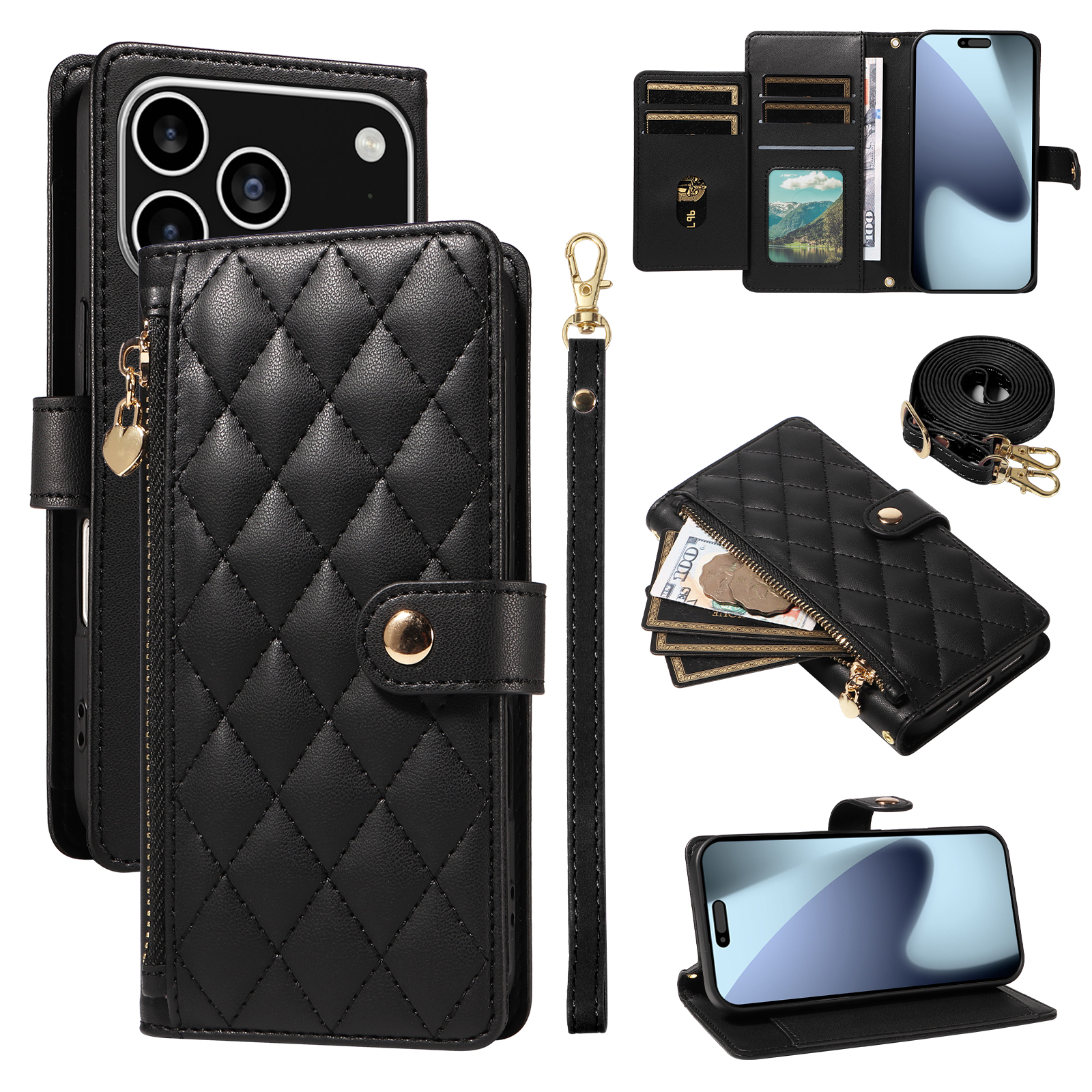 For iPhone 17 Pro Wallet Case with Straps, Rhombus Leather Stand Phone Cover -   Black