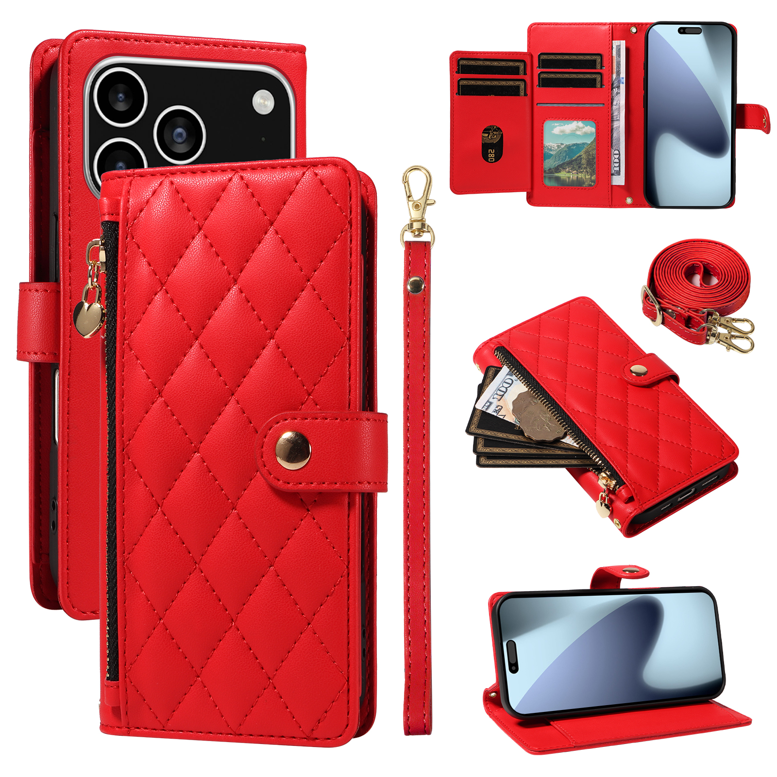 For iPhone 17 Pro Wallet Case with Straps, Rhombus Leather Stand Phone Cover - Red
