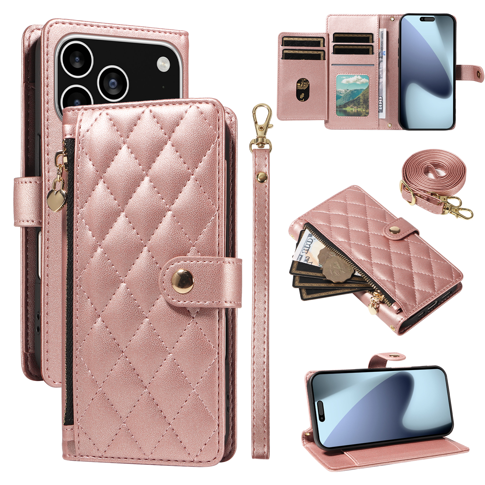 For iPhone 17 Pro Wallet Case with Straps, Rhombus Leather Stand Phone Cover - Rose Gold