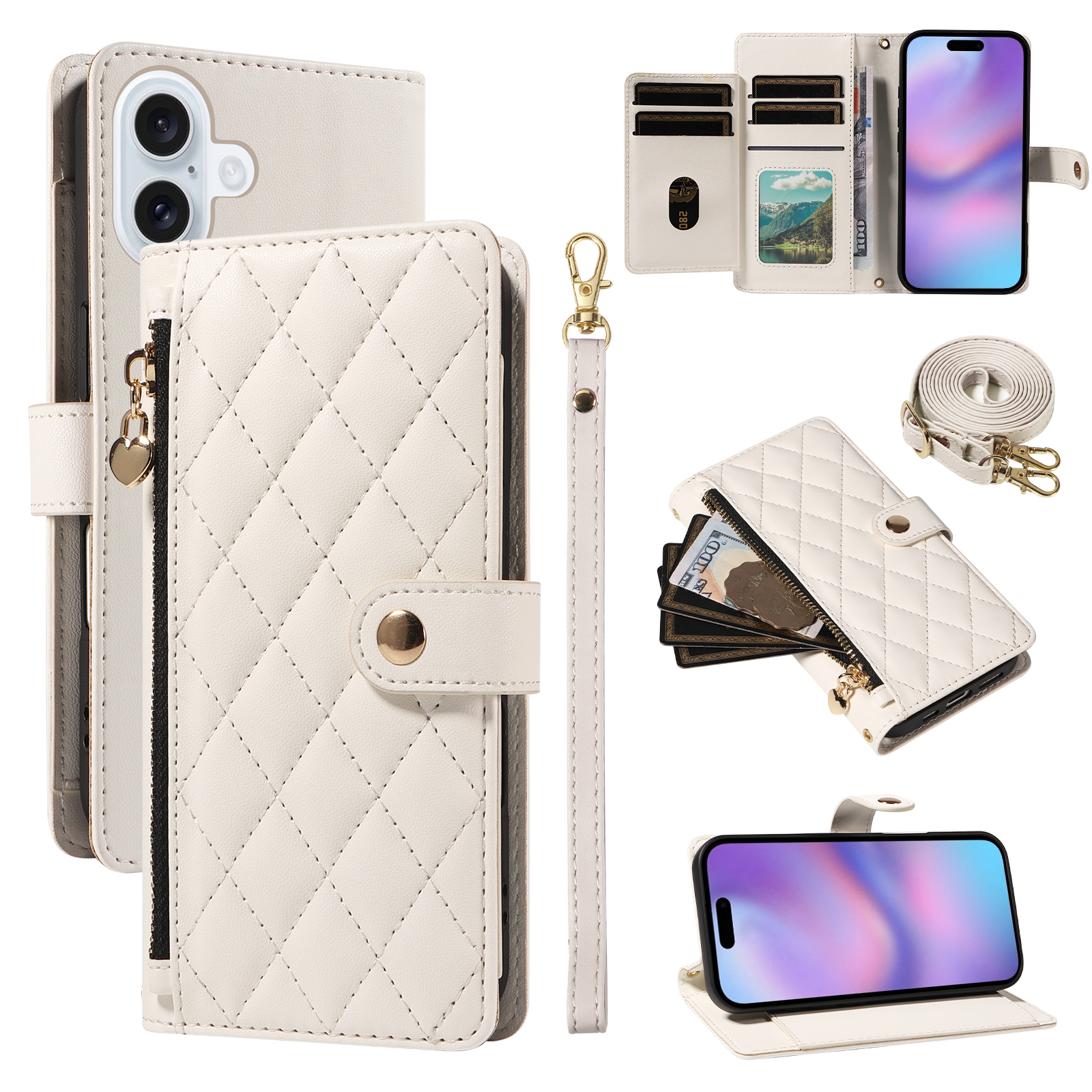 For iPhone 17 Wallet Case with Straps, Rhombus Leather Stand Phone Cover - White